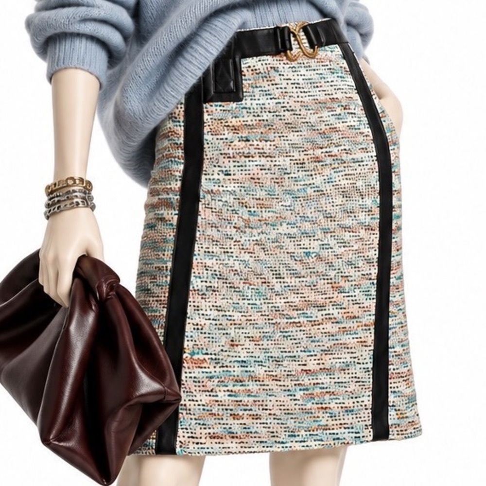 MAYLE 100% Silk Tweed Genuine Leather Black Trim Belt Detail Skirt | Women's 4